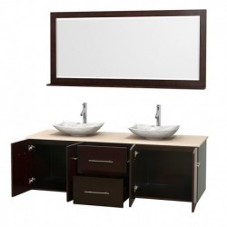 72 inch Double Bathroom Vanity in Espresso, Ivory Marble Countertop, Arista White Carrera Marble Sinks, and 70 inch Mirror