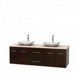 72 inch Double Bathroom Vanity in Espresso, Ivory Marble Countertop, Arista White Carrera Marble Sinks, and No Mirror