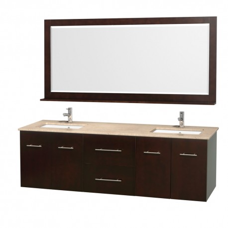72 inch Double Bathroom Vanity in Espresso, White Ivory Marble Countertop, Square Porcelain Undermount Sinks, and 70 inch Mirro