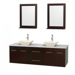 72 inch Double Bathroom Vanity in Espresso, White Man-Made Stone Countertop, Pyra Bone Porcelain Sinks, and 24 inch Mirrors