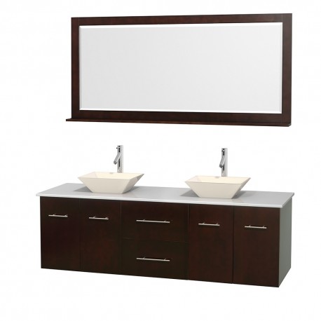 72 inch Double Bathroom Vanity in Espresso, White Man-Made Stone Countertop, Pyra Bone Porcelain Sinks, and 70 inch Mirror