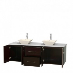 72 inch Double Bathroom Vanity in Espresso, White Man-Made Stone Countertop, Pyra Bone Porcelain Sinks, and No Mirror
