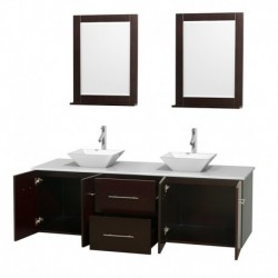 72 inch Double Bathroom Vanity in Espresso, White Man-Made Stone Countertop, Pyra White Porcelain Sinks, and 24 inch Mirrors