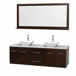 72 inch Double Bathroom Vanity in Espresso, White Man-Made Stone Countertop, Pyra White Porcelain Sinks, and 70 inch Mirror