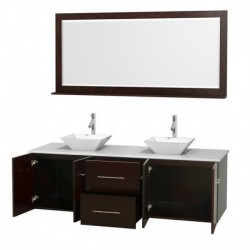 72 inch Double Bathroom Vanity in Espresso, White Man-Made Stone Countertop, Pyra White Porcelain Sinks, and 70 inch Mirror