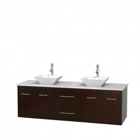 72 inch Double Bathroom Vanity in Espresso, White Man-Made Stone Countertop, Pyra White Porcelain Sinks, and No Mirror