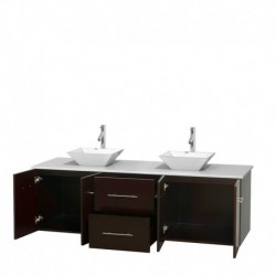 72 inch Double Bathroom Vanity in Espresso, White Man-Made Stone Countertop, Pyra White Porcelain Sinks, and No Mirror