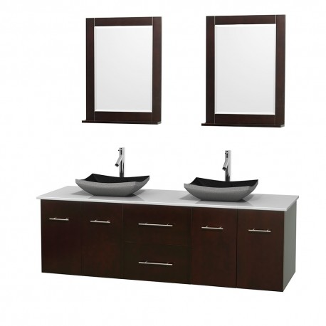 72 inch Double Bathroom Vanity in Espresso, White Man-Made Stone Countertop, Altair Black Granite Sinks, and 24 inch Mirrors