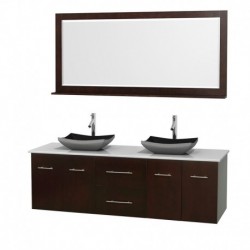 72 inch Double Bathroom Vanity in Espresso, White Man-Made Stone Countertop, Altair Black Granite Sinks, and 70 inch Mirror