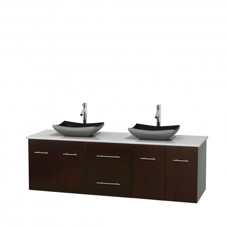 72 inch Double Bathroom Vanity in Espresso, White Man-Made Stone Countertop, Altair Black Granite Sinks, and No Mirror