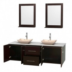 72 inch Double Bathroom Vanity in Espresso, White Man-Made Stone Countertop, Avalon Ivory Marble Sinks, and 24 inch Mirrors