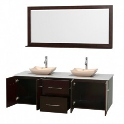 72 inch Double Bathroom Vanity in Espresso, White Man-Made Stone Countertop, Avalon Ivory Marble Sinks, and 70 inch Mirror