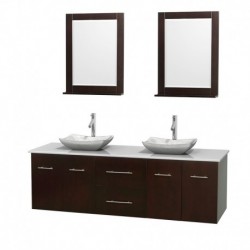 72 inch Double Bathroom Vanity in Espresso, White Man-Made Stone Countertop, Avalon White Carrera Marble Sinks, and 24 inch Mir