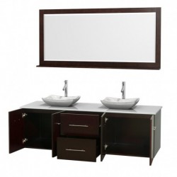 72 inch Double Bathroom Vanity in Espresso, White Man-Made Stone Countertop, Avalon White Carrera Marble Sinks, and 70 inch Mir