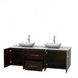 72 inch Double Bathroom Vanity in Espresso, White Man-Made Stone Countertop, Avalon White Carrera Marble Sinks, and No Mirror