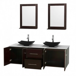 72 inch Double Bathroom Vanity in Espresso, White Man-Made Stone Countertop, Arista Black Granite Sinks, and 24 inch Mirrors