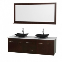 72 inch Double Bathroom Vanity in Espresso, White Man-Made Stone Countertop, Arista Black Granite Sinks, and 70 inch Mirror