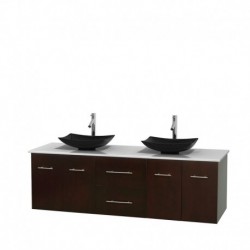 72 inch Double Bathroom Vanity in Espresso, White Man-Made Stone Countertop, Arista Black Granite Sinks, and No Mirror