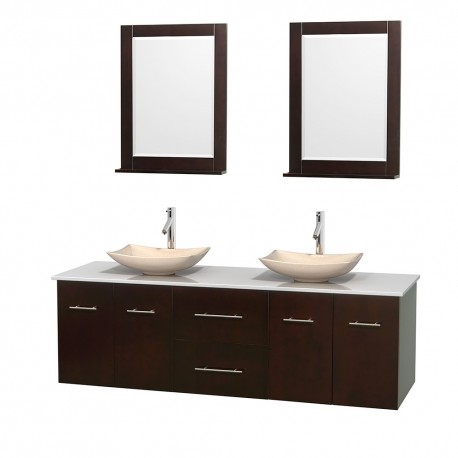 72 inch Double Bathroom Vanity in Espresso, White Man-Made Stone Countertop, Arista Ivory Marble Sinks, and 24 inch Mirrors