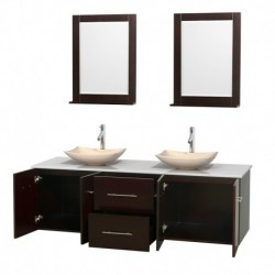 72 inch Double Bathroom Vanity in Espresso, White Man-Made Stone Countertop, Arista Ivory Marble Sinks, and 24 inch Mirrors