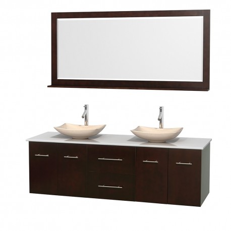 72 inch Double Bathroom Vanity in Espresso, White Man-Made Stone Countertop, Arista Ivory Marble Sinks, and 70 inch Mirror
