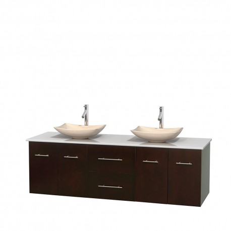 72 inch Double Bathroom Vanity in Espresso, White Man-Made Stone Countertop, Arista Ivory Marble Sinks, and No Mirror