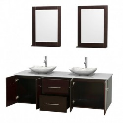 72 inch Double Bathroom Vanity in Espresso, White Man-Made Stone Countertop, Arista White Carrera Marble Sinks, and 24 inch Mir