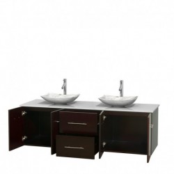 72 inch Double Bathroom Vanity in Espresso, White Man-Made Stone Countertop, Arista White Carrera Marble Sinks, and No Mirror