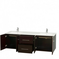 72 inch Double Bathroom Vanity in Espresso, White Man-Made Stone Countertop, Undermount Square Sinks, and No Mirror