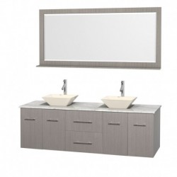72 inch Double Bathroom Vanity in Gray Oak, White Carrera Marble Countertop, Pyra Bone Porcelain Sinks, and 70 inch Mirror