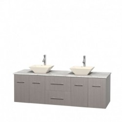 72 inch Double Bathroom Vanity in Gray Oak, White Carrera Marble Countertop, Pyra Bone Porcelain Sinks, and No Mirror