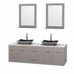 72 inch Double Bathroom Vanity in Gray Oak, White Carrera Marble Countertop, Altair Black Granite Sinks, and 24 inch Mirrors