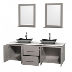 72 inch Double Bathroom Vanity in Gray Oak, White Carrera Marble Countertop, Altair Black Granite Sinks, and 24 inch Mirrors