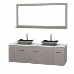 72 inch Double Bathroom Vanity in Gray Oak, White Carrera Marble Countertop, Altair Black Granite Sinks, and 70 inch Mirror