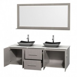 72 inch Double Bathroom Vanity in Gray Oak, White Carrera Marble Countertop, Altair Black Granite Sinks, and 70 inch Mirror