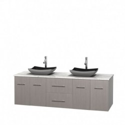 72 inch Double Bathroom Vanity in Gray Oak, White Carrera Marble Countertop, Altair Black Granite Sinks, and No Mirror