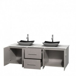 72 inch Double Bathroom Vanity in Gray Oak, White Carrera Marble Countertop, Altair Black Granite Sinks, and No Mirror