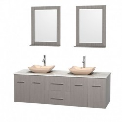 72 inch Double Bathroom Vanity in Gray Oak, White Carrera Marble Countertop, Avalon Ivory Marble Sinks, and 24 inch Mirrors