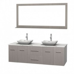 72 inch Double Bathroom Vanity in Gray Oak, White Carrera Marble Countertop, Avalon White Carrera Marble Sinks, and 70 inch Mir