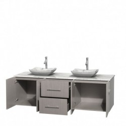 72 inch Double Bathroom Vanity in Gray Oak, White Carrera Marble Countertop, Avalon White Carrera Marble Sinks, and No Mirror
