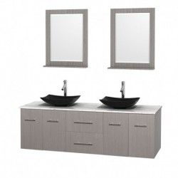 72 inch Double Bathroom Vanity in Gray Oak, White Carrera Marble Countertop, Arista Black Granite Sinks, and 24 inch Mirrors