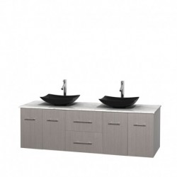 72 inch Double Bathroom Vanity in Gray Oak, White Carrera Marble Countertop, Arista Black Granite Sinks, and No Mirror