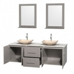 72 inch Double Bathroom Vanity in Gray Oak, White Carrera Marble Countertop, Arista Ivory Marble Sinks, and 24 inch Mirrors