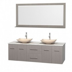 72 inch Double Bathroom Vanity in Gray Oak, White Carrera Marble Countertop, Arista Ivory Marble Sinks, and 70 inch Mirror