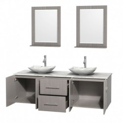 72 inch Double Bathroom Vanity in Gray Oak, White Carrera Marble Countertop, Arista White Carrera Marble Sinks, and 24 inch Mir