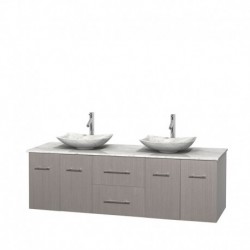 72 inch Double Bathroom Vanity in Gray Oak, White Carrera Marble Countertop, Arista White Carrera Marble Sinks, and No Mirror