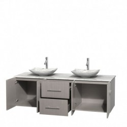 72 inch Double Bathroom Vanity in Gray Oak, White Carrera Marble Countertop, Arista White Carrera Marble Sinks, and No Mirror