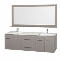 72 inch Double Bathroom Vanity in Gray Oak, White Carrera Marble Countertop, Square Porcelain Undermount Sinks, and 70 inch Mir
