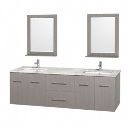 72 inch Double Bathroom Vanity in Gray Oak, White Carrera Marble Countertop, Undermount Square Sink, and 24 inch Mirrors