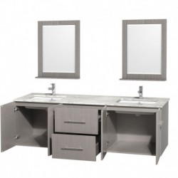 72 inch Double Bathroom Vanity in Gray Oak, White Carrera Marble Countertop, Undermount Square Sink, and 24 inch Mirrors